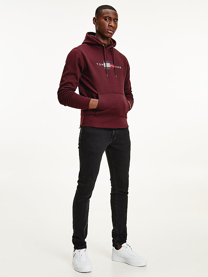 red front logo organic cotton fleece hoody for men tommy hilfiger