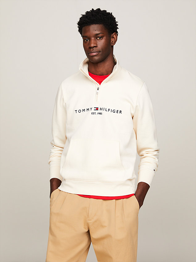 beige logo half-zip mock turtleneck sweatshirt for men tommy hilfiger