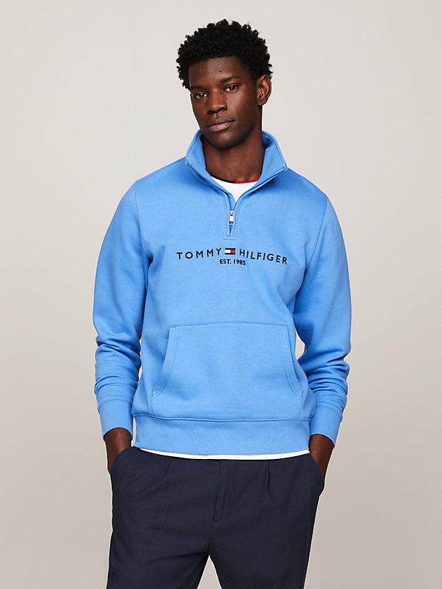 blue sweatshirt met ritskraag en logo voor heren - tommy hilfiger