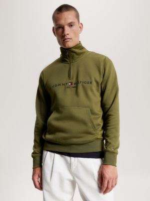 TOMMY HILFIGER men's Embroidered Tommy Logo Fleece Quarter Zip Pullover  Sweatshirt, Khaki, S at  Men's Clothing store