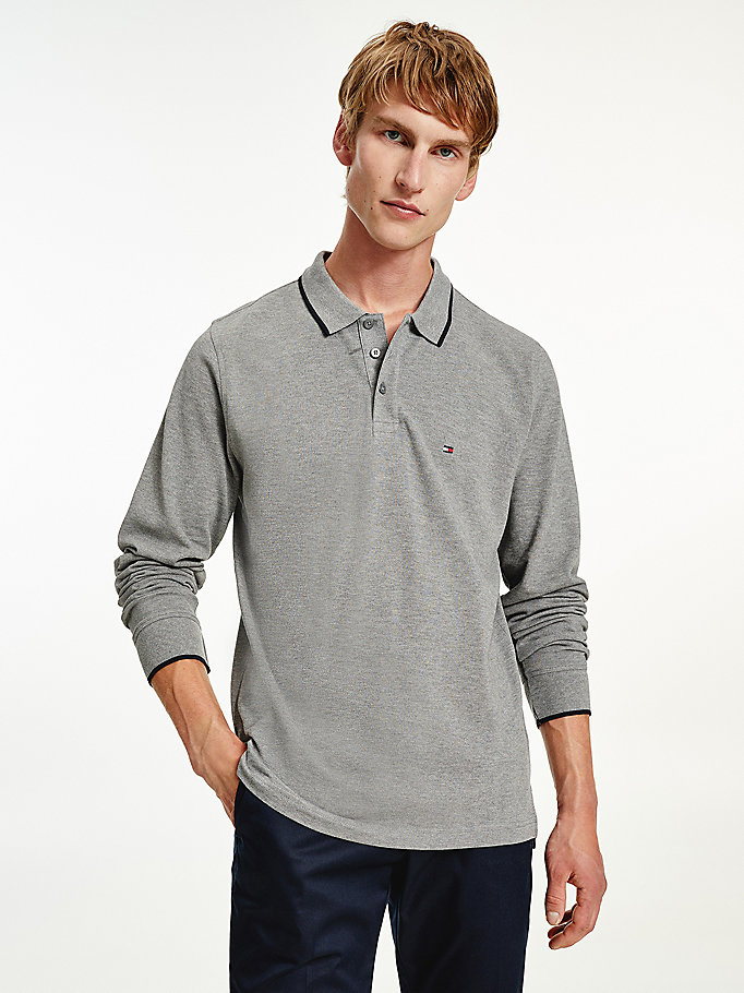 grey tipped long sleeve regular fit polo for men tommy hilfiger