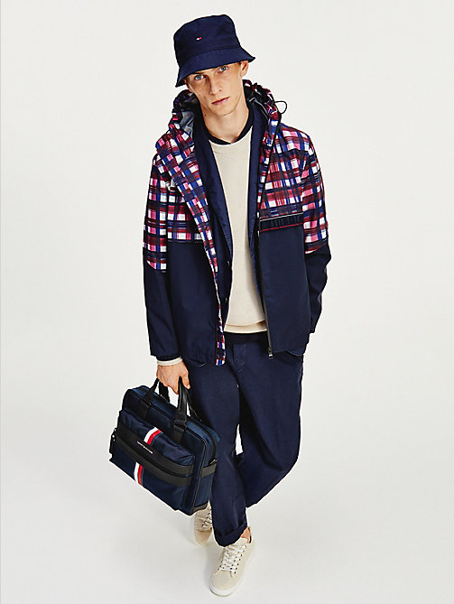 blue th tech check hooded jacket for men tommy hilfiger