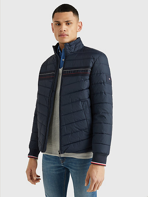 blue stand-up collar tape puffer jacket for men tommy hilfiger