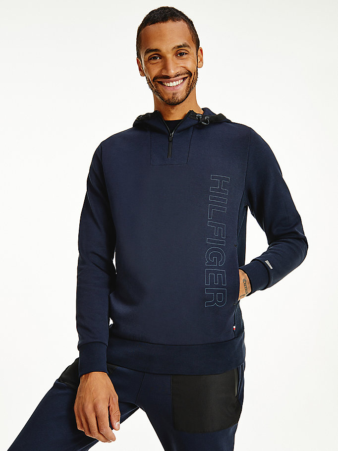 blauw th tech essential logo-hoodie met korte rits voor heren - tommy hilfiger