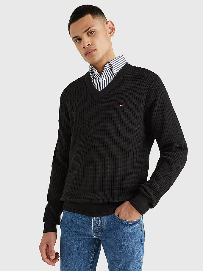 black knitted grid check v-neck jumper for men tommy hilfiger