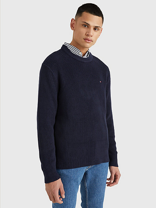 blue ribbed crew neck relaxed fit jumper for men tommy hilfiger