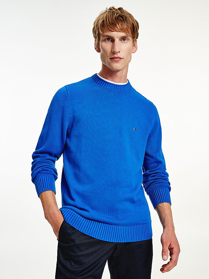 blue chunky knit crew neck jumper for men tommy hilfiger
