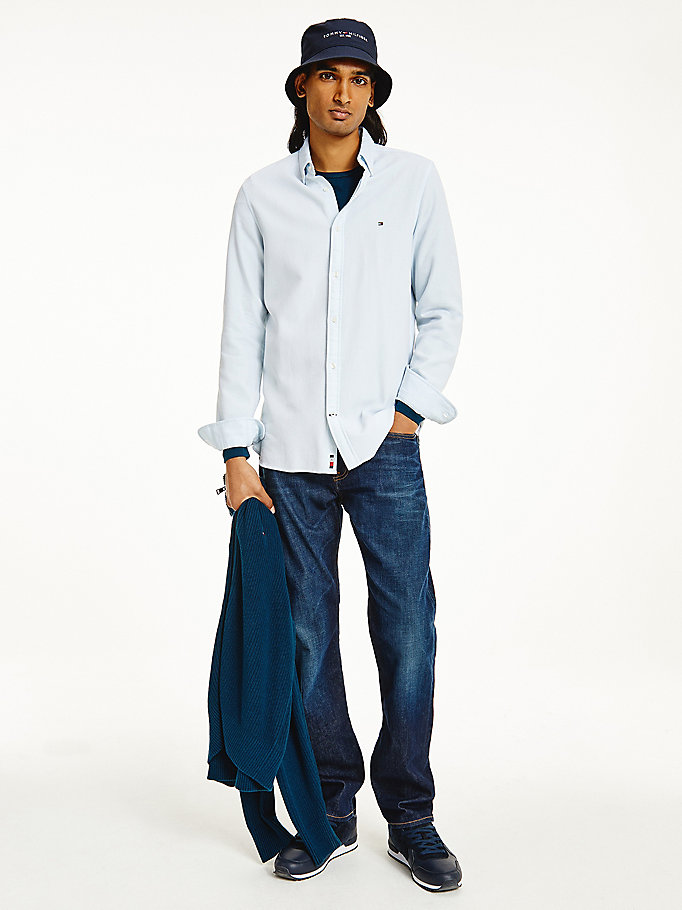 blauw slim fit dobby overhemd met 4-way-stretch voor men - tommy hilfiger