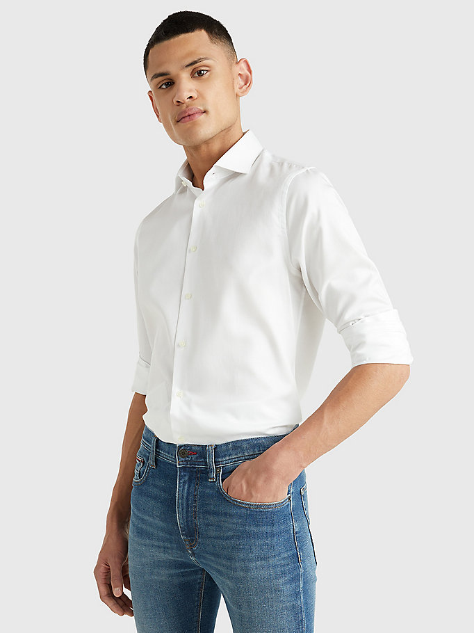 white organic cotton twill slim fit shirt for men tommy hilfiger