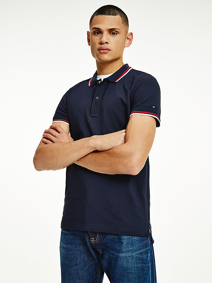 blue organic cotton tipped slim fit polo for men tommy hilfiger