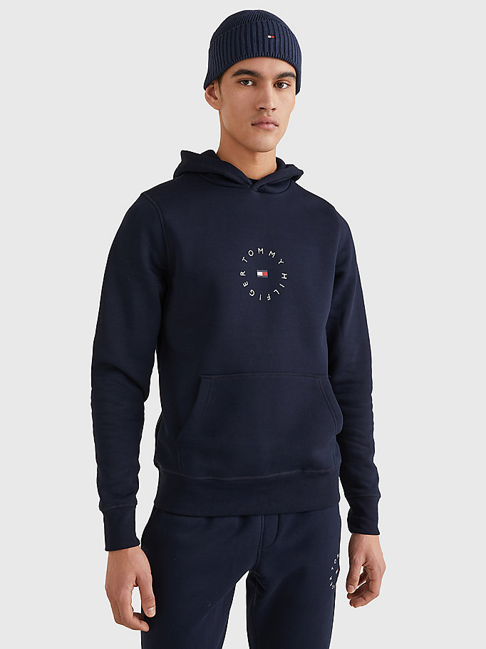 blauw flex fleece hoodie met grafisch logo voor heren - tommy hilfiger