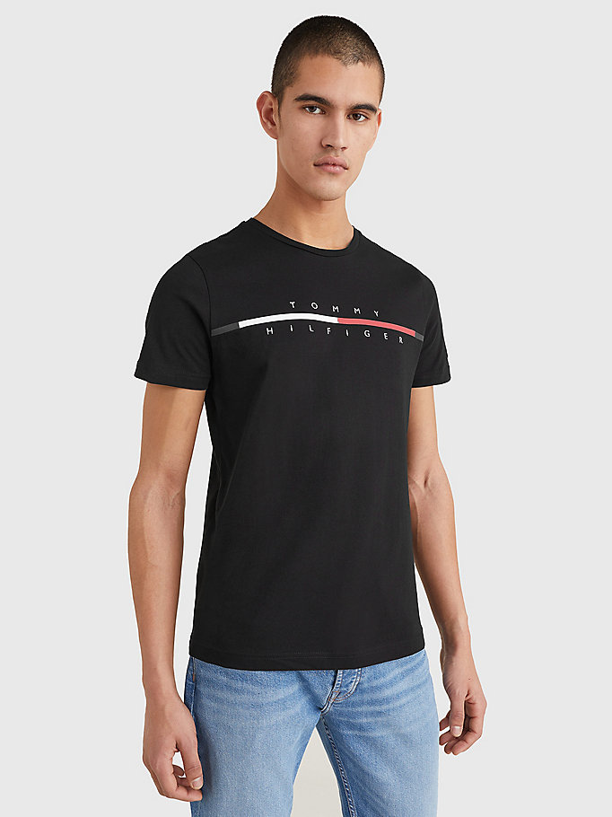 t-shirt à logo divisé emblématique noir pour hommes tommy hilfiger