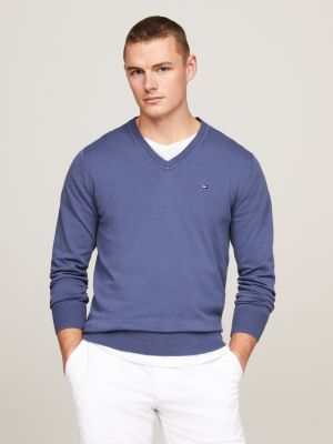 Tommy Hilfiger Core Tommy pull col V- pull homme coton avec soie - gris  anthracite 