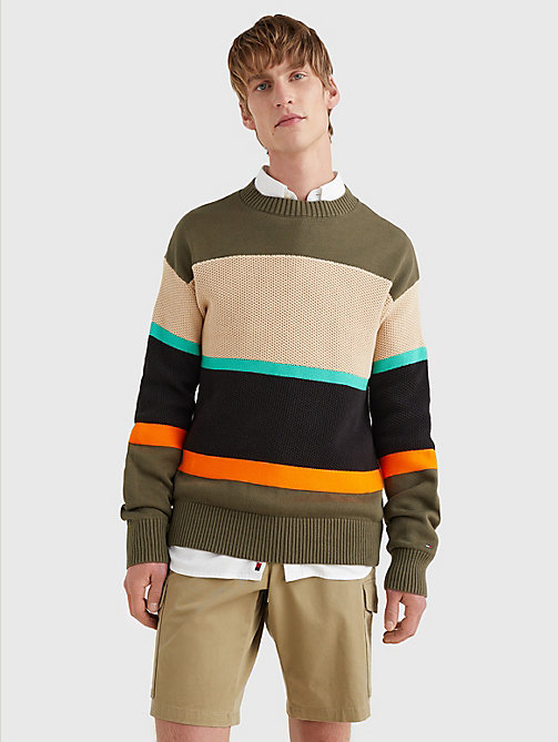 khaki colour-blocked mixed knit jumper for men tommy hilfiger