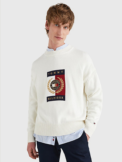 pull icons à logo intarsia blanc pour hommes tommy hilfiger