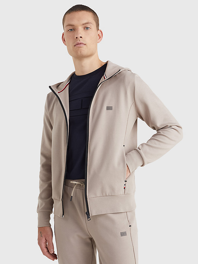 beige th flex tech essentials hoodie met rits voor heren - tommy hilfiger