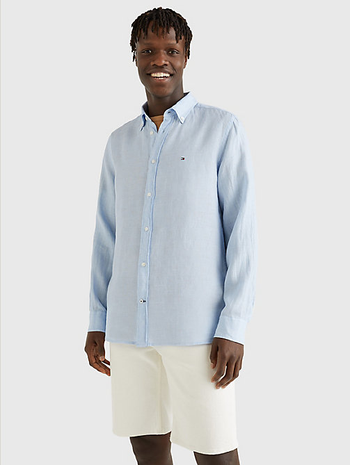 blau stückgefärbtes regular fit leinen-hemd für herren - tommy hilfiger