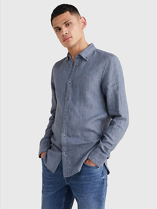 chemise standard en lin teint en plongée bleu pour hommes tommy hilfiger