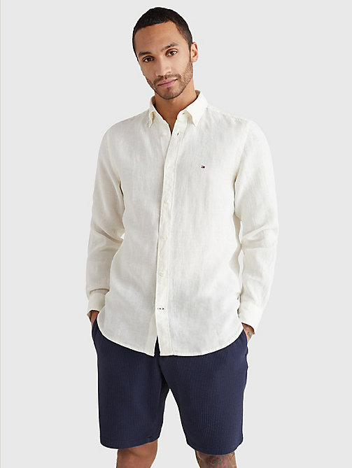 wit pigment-dyed regular fit overhemd van linnen voor men - tommy hilfiger