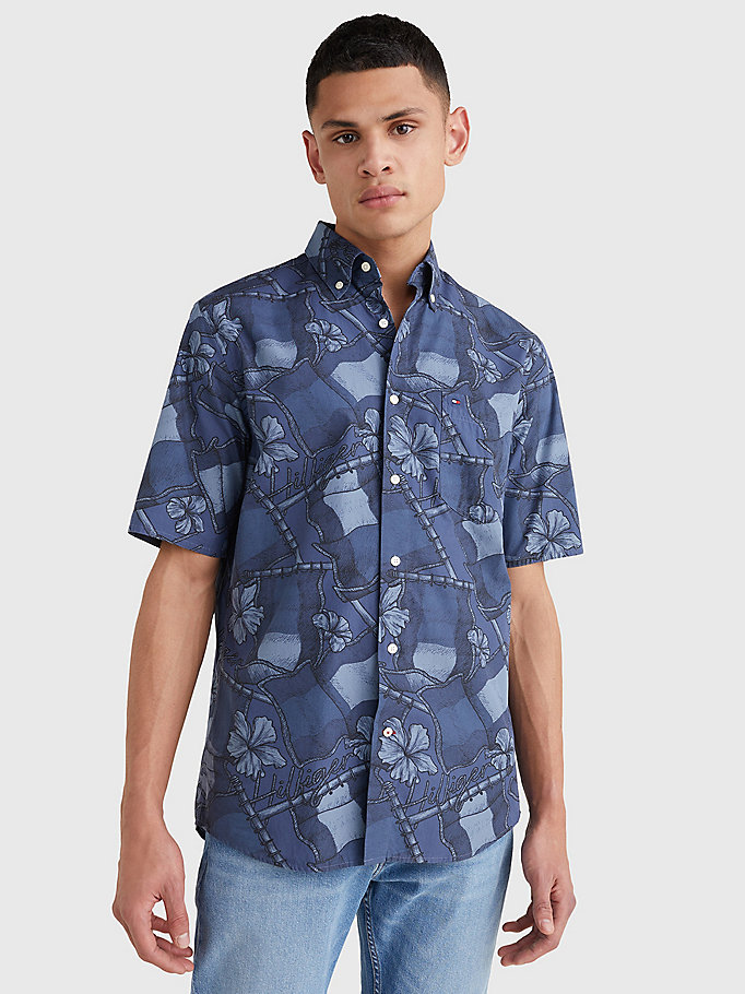 Tommy Hilfiger Cotton Floral-print Short-sleeved Shirt in Blue for Men Mens Clothing Shirts Casual shirts and button-up shirts 