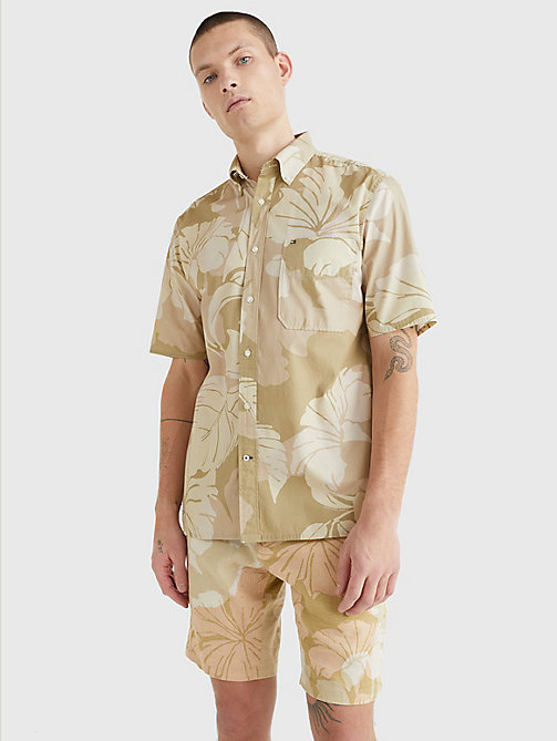 beige kurzarm-hemd mit blumen-camouflage-print für herren - tommy hilfiger