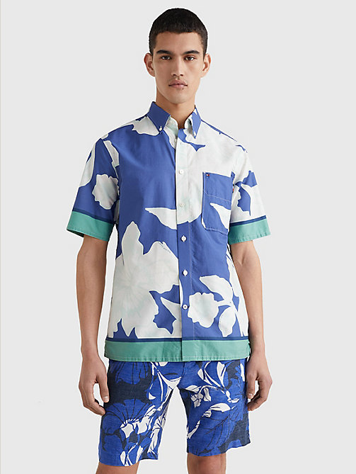 chemise à manches courtes et motif floral bleu pour hommes tommy hilfiger