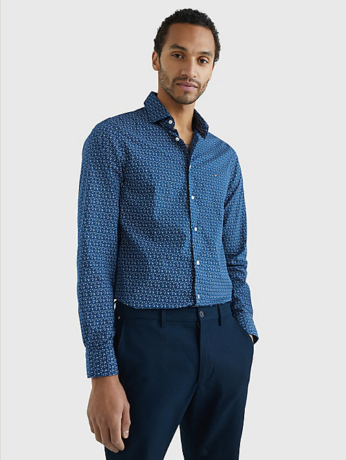 blauw th flex slim fit overhemd met print voor men - tommy hilfiger