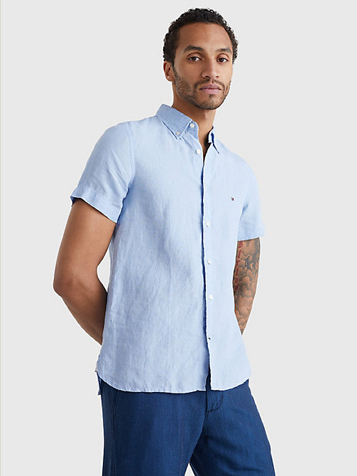 chemise à manches courtes en lin teint bleu pour hommes tommy hilfiger