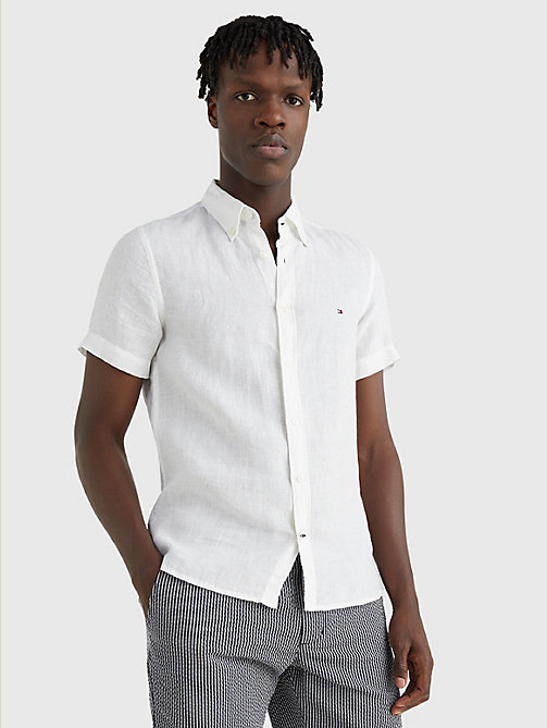 wit pigment-dyed linnen overhemd met korte mouwen voor men - tommy hilfiger
