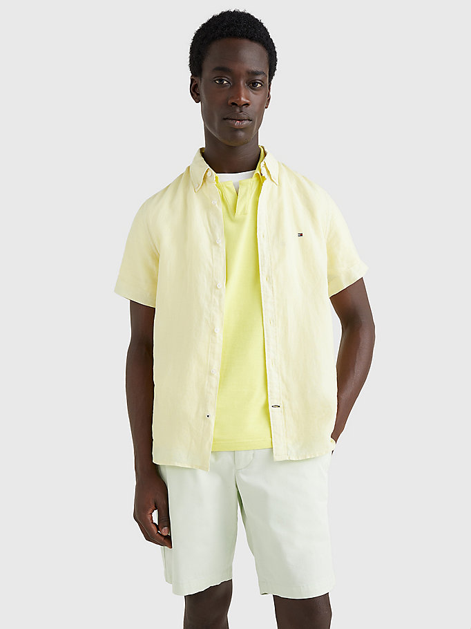 geel pigment-dyed linnen overhemd met korte mouwen voor heren - tommy hilfiger