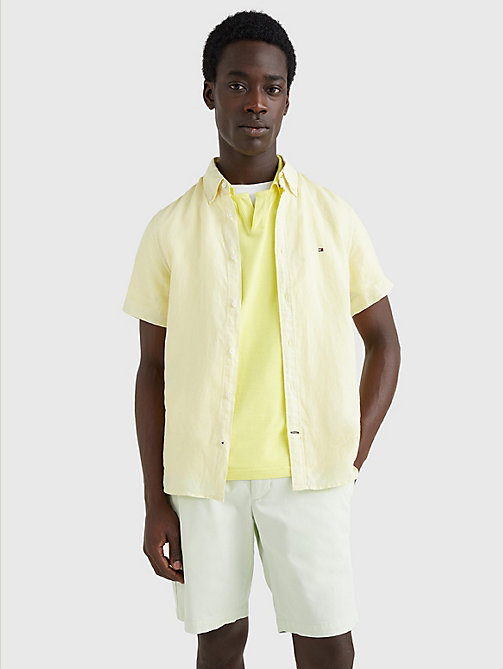 geel pigment-dyed linnen overhemd met korte mouwen voor men - tommy hilfiger
