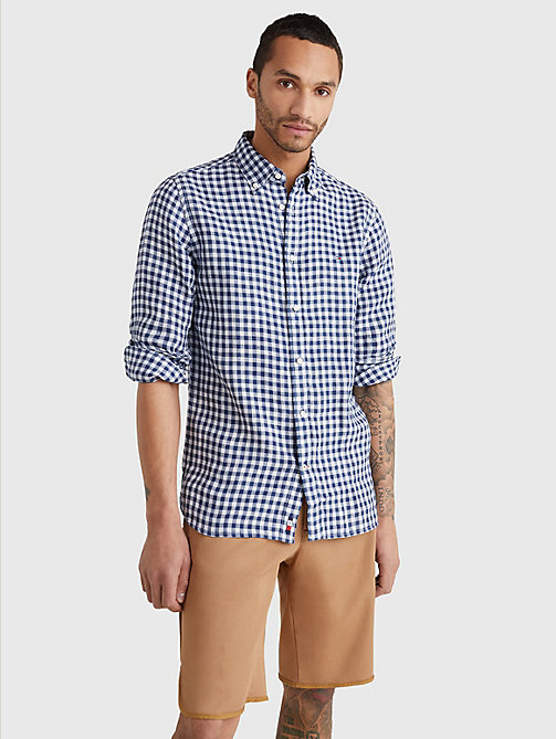 chemise coupe standard à motif vichy en lin bleu pour hommes tommy hilfiger