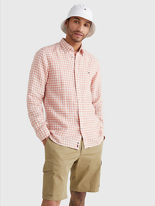 pink gingham regular fit linen shirt for men tommy hilfiger