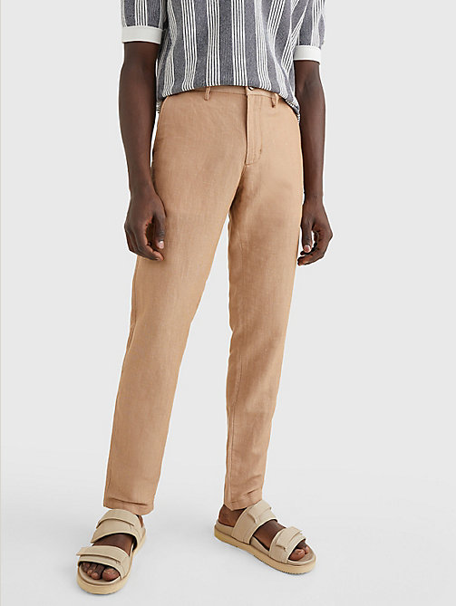 brown two-tone slim fit trousers for men tommy hilfiger