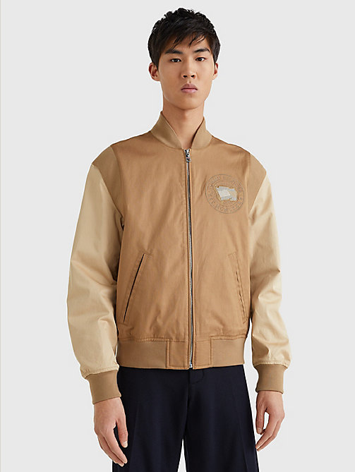 brown modern colour-blocked varsity jacket for men tommy hilfiger
