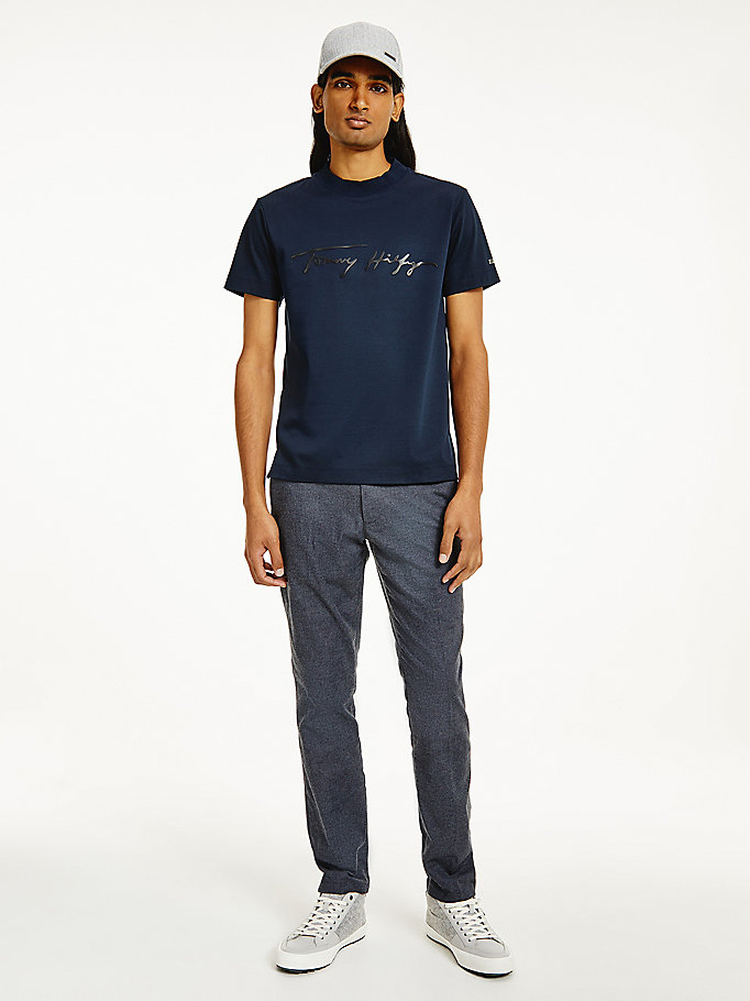 t-shirt elevated en coton bio logo signature bleu pour hommes tommy hilfiger