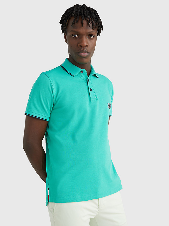 green logo contrast tipped slim polo for men tommy hilfiger