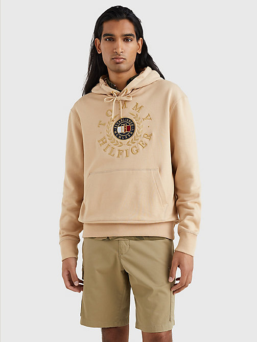 beige icons logo embroidery hoody for men tommy hilfiger