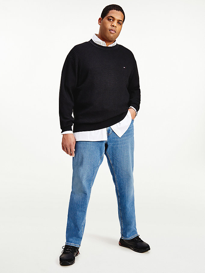 black plus knitted grid check crew neck jumper for men tommy hilfiger