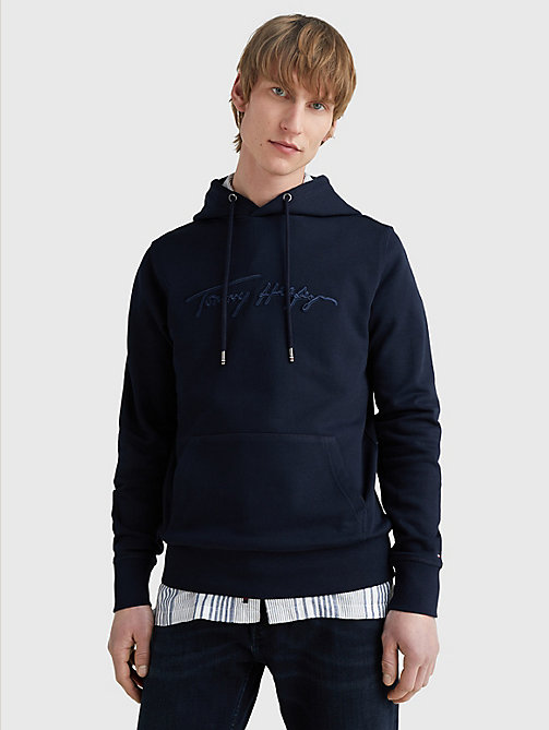 blue organic cotton signature hoody for men tommy hilfiger
