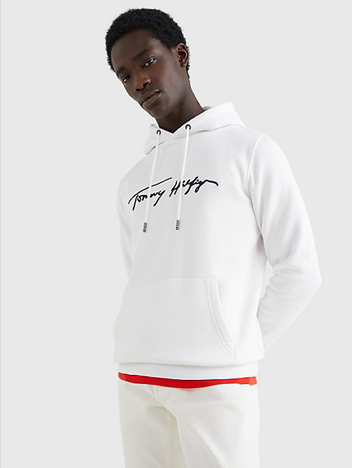 white organic cotton signature hoody for men tommy hilfiger