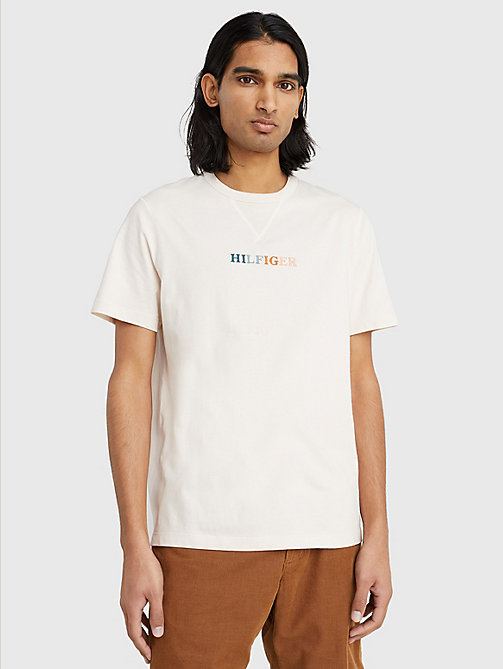 t-shirt con logo multicolore ricamato beige da uomo tommy hilfiger
