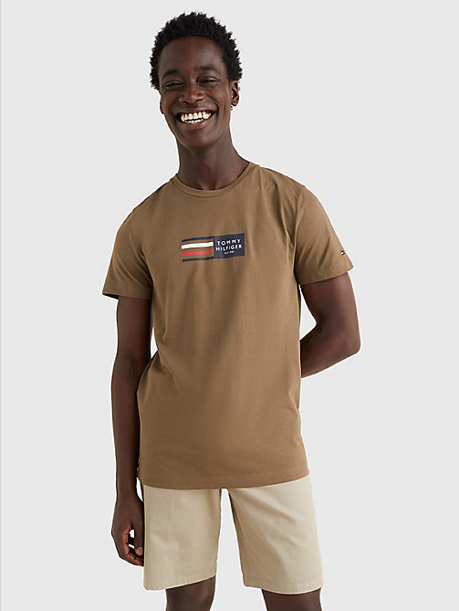 khaki biologisch katoenen t-shirt met logo voor heren - tommy hilfiger