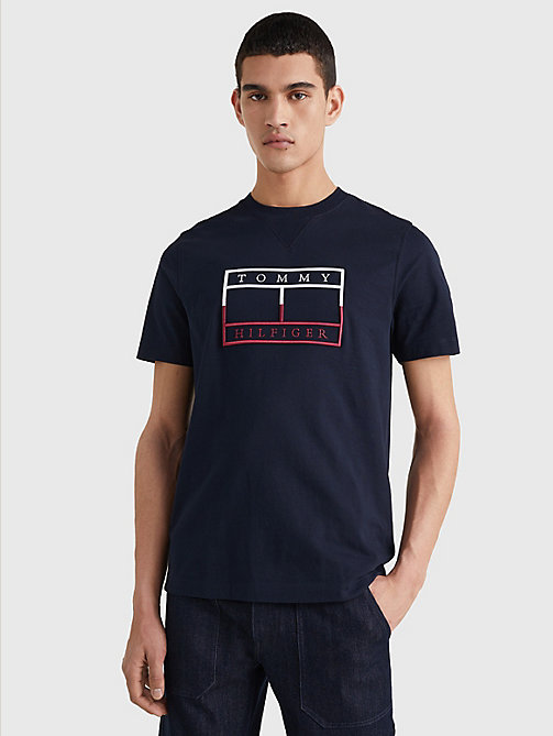 camiseta con logo lineal bordado azul de mujer tommy hilfiger