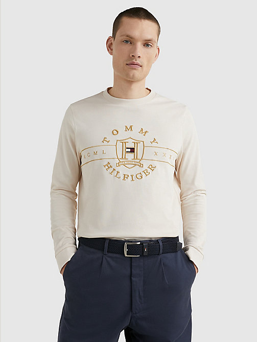 beige icons logo long sleeve t-shirt for men tommy hilfiger