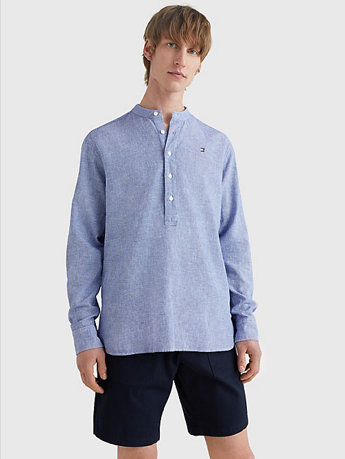 blau casual fit leinen-hemd mit hahnentrittmuster für herren - tommy hilfiger