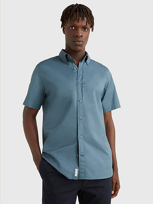 blauw regular fit overhemd met contraststiksel voor men - tommy hilfiger