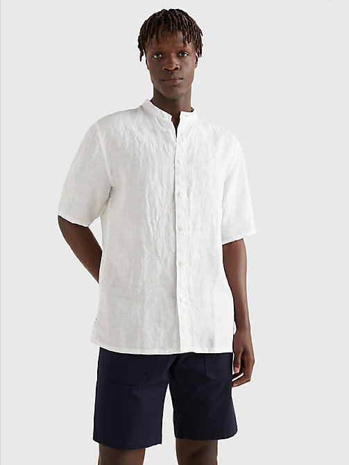 white mandarin collar casual fit short sleeve shirt for men tommy hilfiger
