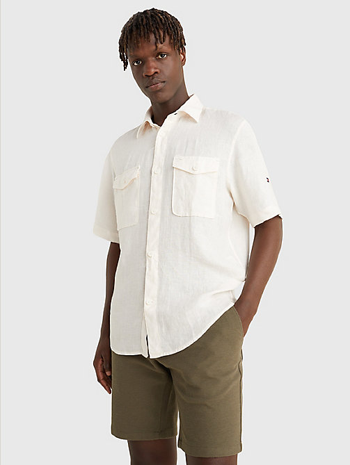 beige utility linnen overhemd met korte mouwen voor men - tommy hilfiger