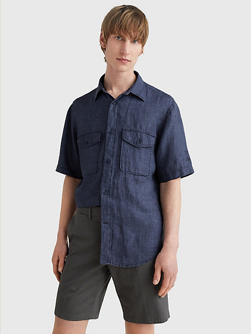 синий льняная рубашка с короткими рукавами в утилитарном стиле для men - tommy hilfiger